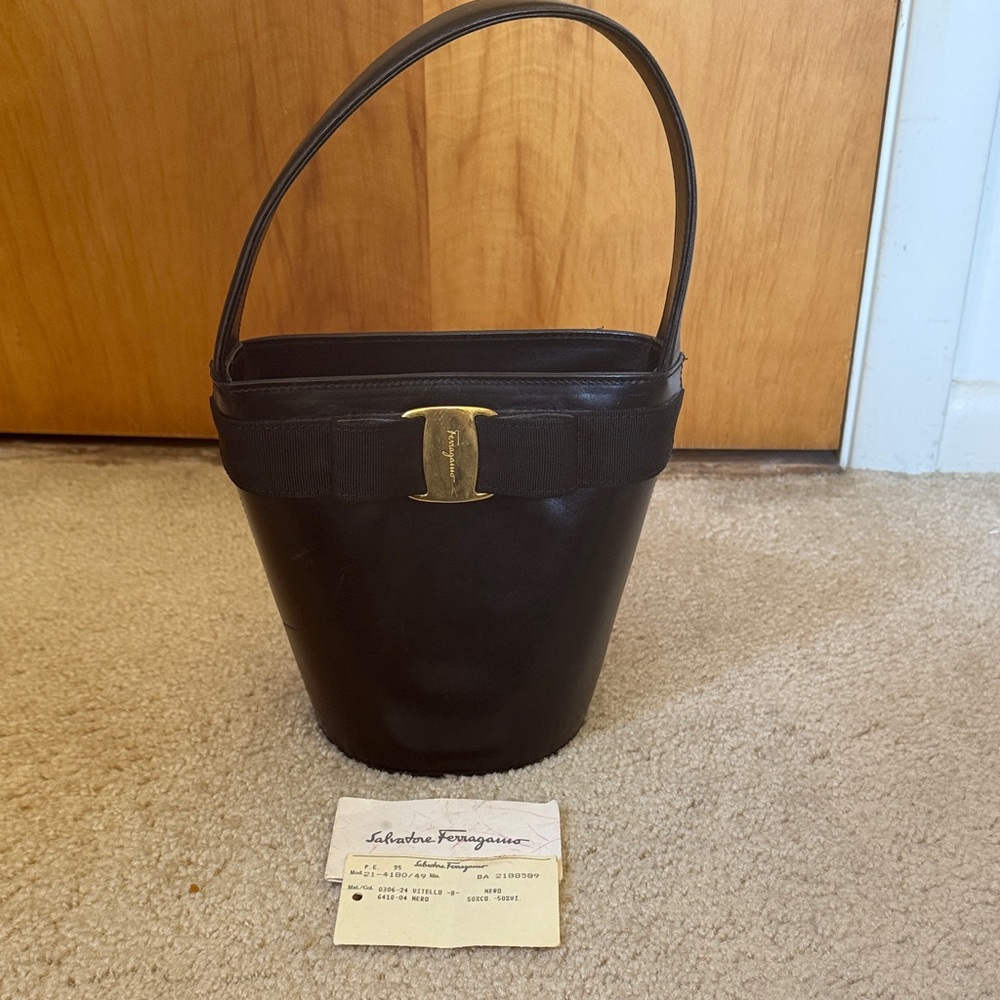 Vintage Salvatore Ferragamo Black Leather Bucket Bag with Gold Accent